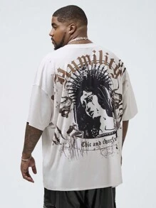 Manfinity VCAY Men's Plus Size Knitted Loose Casual Short Sleeve T-Shirt With Drop Shoulder Pattern Design, Suitable For Summer Daily Wear