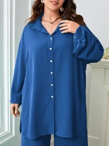 SHEIN LUNE Plus Size Spring/Summer/Autumn Loose Fit Long Sleeve Shirt And Wide-Leg Pants 2-Piece Set For Autumn & Winter