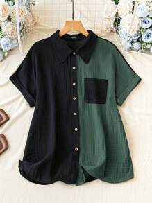 SHEIN LUNE Plus Size Color Block Single-Breasted Casual Short Sleeve Shirt For Summer - Dark Green - View 1