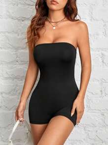 SHEIN PETITE Casual Simple Black Sleeveless Short Sexy Jumpsuit Women's Unitard Suitable For Summer