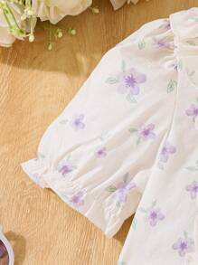 Young Girl Summer Ditsy Floral Patchwork Ruffle Short Puff Sleeve Dress With Bow Decoration, Cute - Apricot - View 5