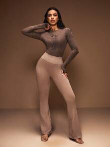 Easithlete Women's Printed Simple Daily Sports Bodysuit - Apricot - View 5