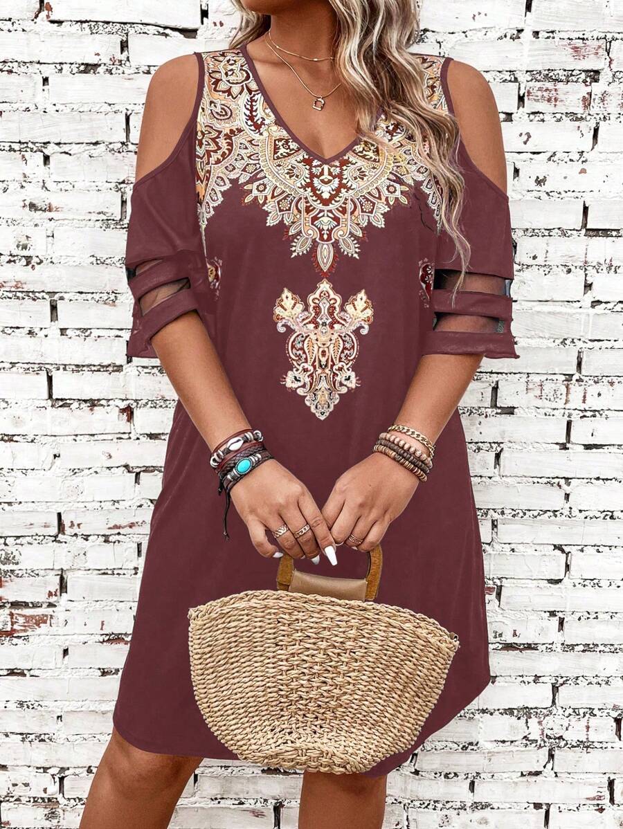 SHEIN LUNE Vestido clásico retro impreso de talla grande - Multicolor - Ver 1
