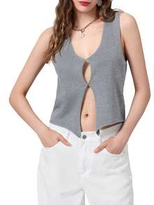 Women's Summer Solid Color Hollow Out Split Hem Knitted Vest - Grey - View 4