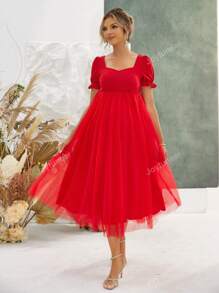 Joyfunear Maternity Solid Color Puff Sleeve Dress