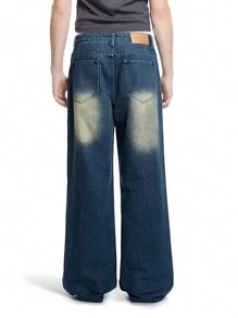 Chillumni Men's Dark Blue Vintage Washed Asymmetric Design Straight Wide-Leg Jeans - Teal Blue - View 2