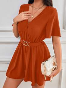 SHEIN Frenchy Bộ áo liền quần ngắn tay có thắt lưng cổ chữ V màu trơn cho trang phục thường ngày mùa hè - màu nâu - Xem 6