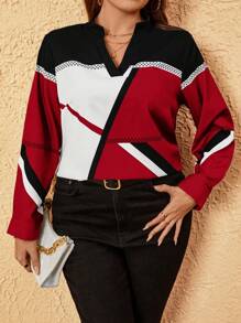 SHEIN Unity 大码女式夏季几何印花缺口 V 领长袖宽松优雅衬衫新年衣服 - 紅色 - 查看 3