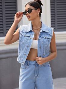 SHEIN Essnce 女士夏季休閒無袖磨邊牛仔夾克背心 - 淺色水洗藍 - 查看 7