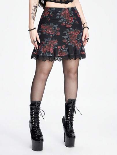 Goth Jupe mi-longue imprimée de vigne de roses pour femmes