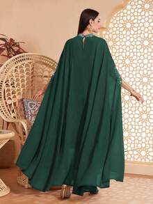 Women's Solid Color Stand Collar, Cuff & Neckline Embellished With Beading, Rhinestones, Asymmetrical Hem Long 2 Pieces Arabic Abaya, Suitable For Various Occasions - Festivals, Gatherings, Daily Wear, Soft & Comfortable - Dark Green - View 2