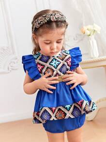 Ensemble de 2 pièces pour fille bébé, top imprimé rétro bleu conservateur et élégant et shorts avec détail de ruban tissé en or, tenues décontractées d'été - Multicolore - Voir 5