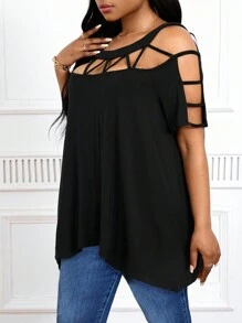 SHEIN Lady 加大码黑色宽松镂空不对称下摆上衣，适合乡村音乐节和狂欢节的夏季 T 恤 - 黑色 - 查看 4