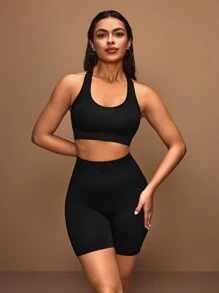 SHEIN Sports Ensemble de sport pour femme avec haut à une épaule de couleur unie et short simple