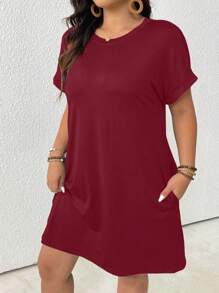 SHEIN LUNE Vestido de manga corta diario simple para mujer de talla grande en color sólido - Burdeos - Ver 1
