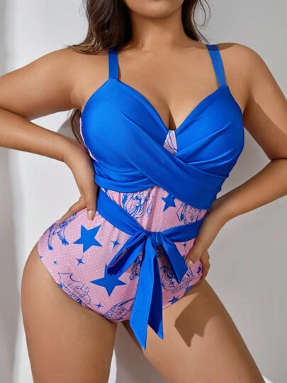 The Wizard of Oz X SHEIN Plus Size Women's Blue & Pink Lace-Up One-Piece Swimsuit, Fashionable & Comfortable