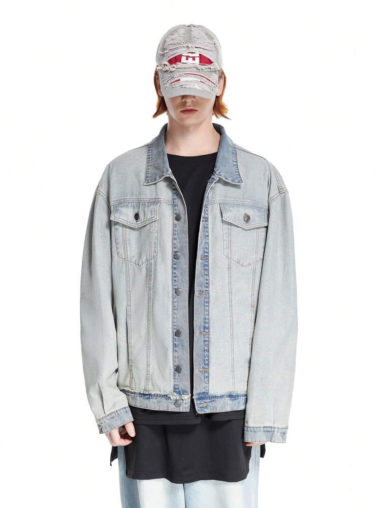 Men's Faded Retro Light Blue Distressed Denim Oversized Jacket