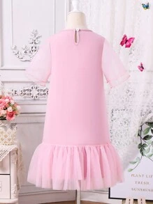 SHEIN Young Girl's  Style Pink Mesh & Sequin  Dress For Eid Al-Adha, Summer