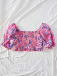 SHEIN VCAY Camisa de mujer de ajuste estrecho estilo vacacional con mangas cortas de burbuja con patrón impreso tejido y escote cuadrado - Rosa - Ver 2