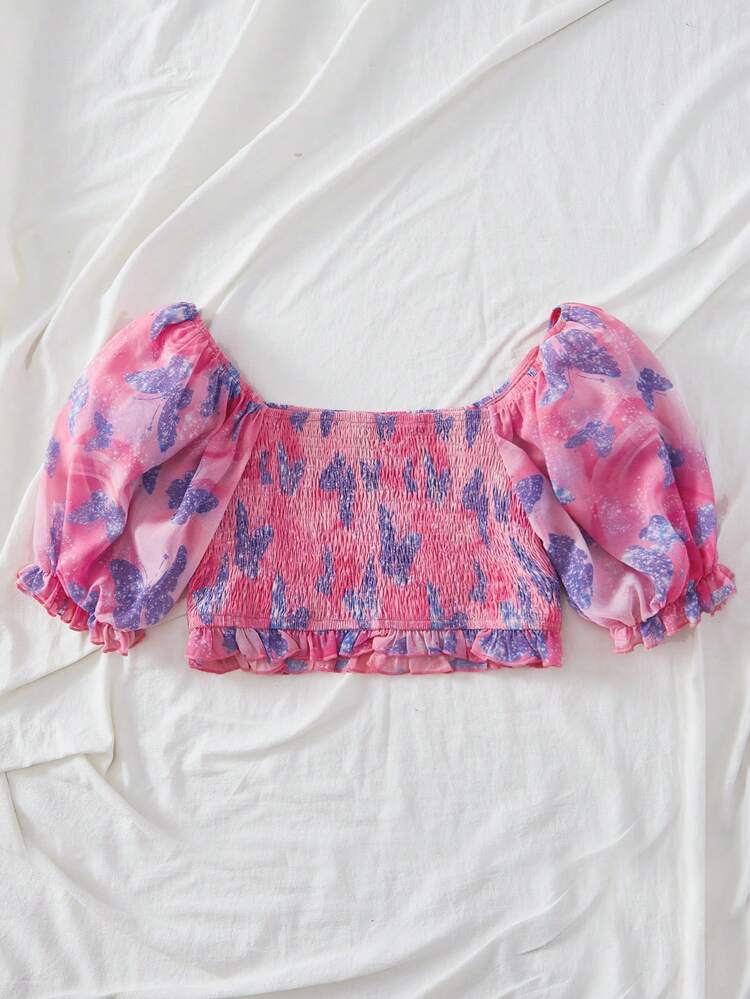 Vacation-Style Slim Fit Bubble Short Sleeve Women's Shirt With Woven Printed Pattern And Square Neckline
