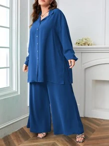 SHEIN LUNE Plus Size Spring/Summer/Autumn Loose Fit Long Sleeve Shirt And Wide-Leg Pants 2-Piece Set For Autumn & Winter