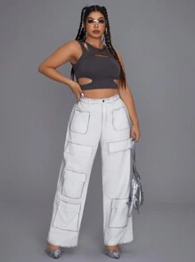 Quần denim có nhiều túi màu thông thường cỡ lớn - trắng - Xem 4