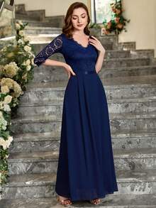 MIUSOL Đầm dự tiệc sang trọng bằng vải voan xếp ly cổ chữ V ren hoa thanh lịch - Màu xanh hải quân - Xem 7