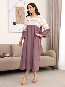 ASBB Vestido elegante JALABIYA para mujer árabe con bordado de cuentas pesadas, cuello redondo y patchwork, atuendo casual para vacaciones y fiestas de otoño 2026 - Marrón Chocolate - Ver 9