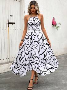 Breezaya Vestido negro y blanco sin mangas con estampado elegante para mujer para vacaciones (estampado aleatorio)