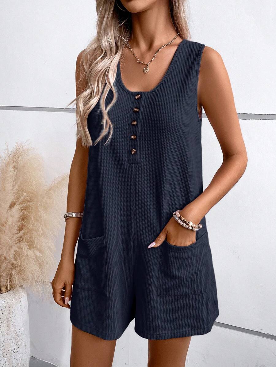 SHEIN LUNE Mono sin mangas de mujer con botones y bolsillos de unicolor, para el verano - Azul Marino - Ver 1