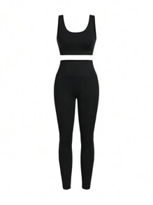 SHEIN Sports Conjunto deportivo de 3 piezas en blanco con camiseta de manga corta + camiseta de tirantes sin mangas negra + leggings - Blanco y Negro - Ver 5