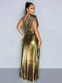 Women Solid Color Asymmetrical Collar Pleated Dress - Gold - View 4
