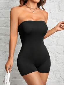 SHEIN PETITE Casual Simple Black Sleeveless Short Sexy Jumpsuit Women's Unitard Suitable For Summer