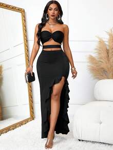 女士性感Y2K迷你不規則黑色空心露肩裙 - 黑色 - 查看 6