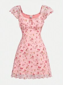 SHEIN Girlism 少女網眼與花卉圖案印花休閒裙 - 粉色 - 查看 5