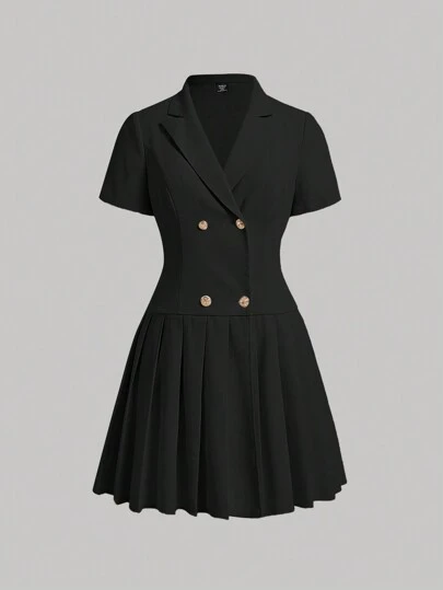 SHEIN MOD 復古西裝外套風格短袖連衣裙，翻領式領子，腰帶和雙排金屬鈕裝飾