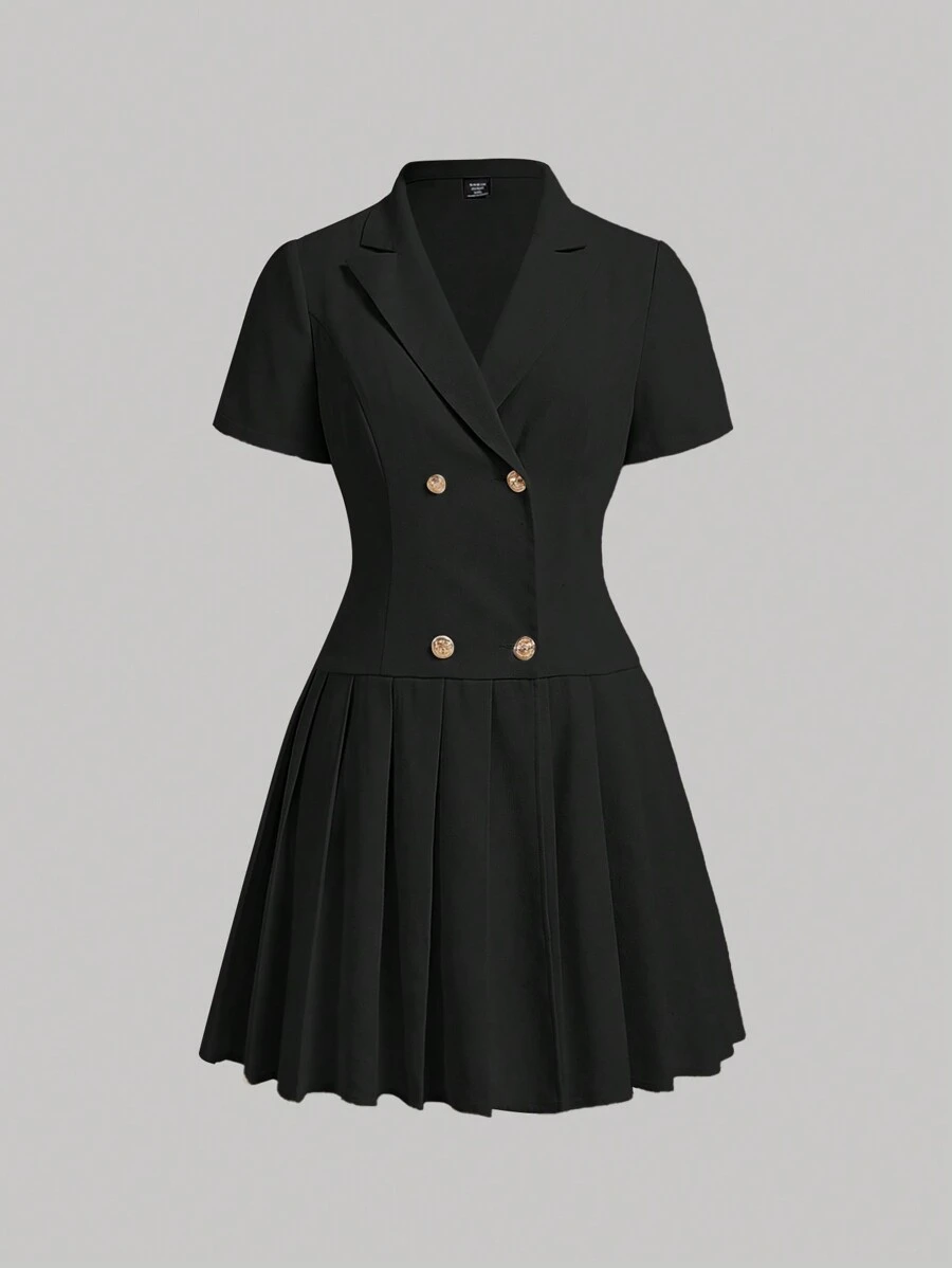 SHEIN MOD Vintage Blazer Style Short Sleeve Dress,Lapel Collar,Double Row Metal Button,Graduation,Birthday Dresses For Women,Black And White,Summer,Elegant,Office,Back-To-School - Black - View 1