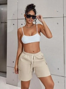 Street Style White Contrast Color Drawstring Elastic Waist Flap Pocket Straight Leg Casual Cargo Shorts, Spring Summer - 杏色 - 查看 4