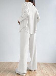 SHEIN EZwear Women's Plain And Simple Daily Wear Shirt And Long Pants Two-Piece Set - White - View 2