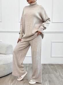 SHEIN Tall 2pcs High Neck Drop Shoulder Sweater And Ribbed Solid Color Sweater Pants, Tall Women - Beige - View 3