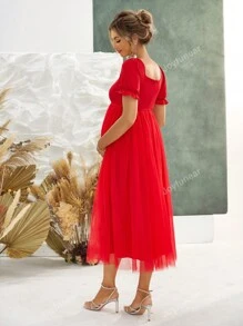 Joyfunear Maternity Solid Color Puff Sleeve Dress