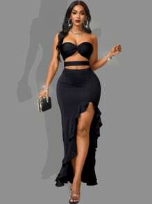 女士性感Y2K迷你不規則黑色空心露肩裙 - 黑色 - 查看 1