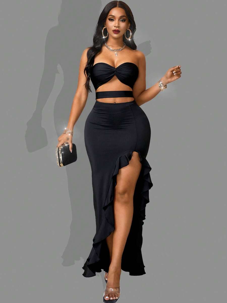 女士性感Y2K迷你不規則黑色空心露肩裙 - 黑色 - 查看 1