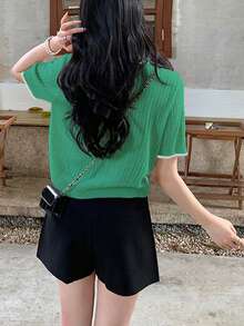 夏季休閒純色翻領短袖開衫 - 綠色 - 查看 2