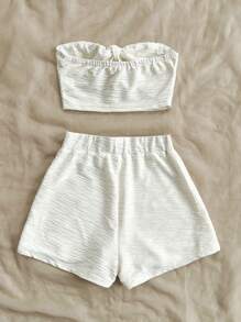 Soleia 2 件性感纹理抹胸短款上衣和高腰短裤套装 - 米色 - 查看 2