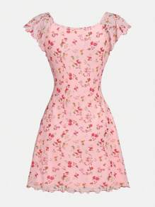 SHEIN Girlism 少女網眼與花卉圖案印花休閒裙 - 粉色 - 查看 2