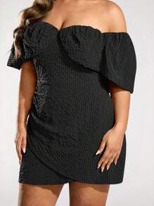 SHEIN BAE Plus Size Women's Textured Puff Plaid Fabric Purple Summer Sweet Party Elegant Puff Sleeve Short Dress