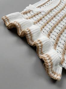 Women's Crochet Knit Striped Sweater Vest, Lightweight Round Neck Ruffle Trim Short Sleeve Top