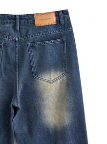 Chillumni Men's Dark Blue Vintage Washed Asymmetric Design Straight Wide-Leg Jeans - Teal Blue - View 11