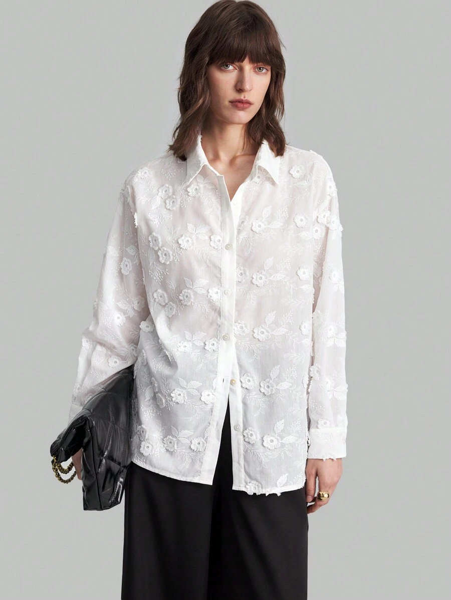 Ontre 女式 2025 新款时尚白色优雅花朵刺绣纹理长袖衬衫，秋季女士休闲外套纽扣衬衫 - 白色 - 查看 1